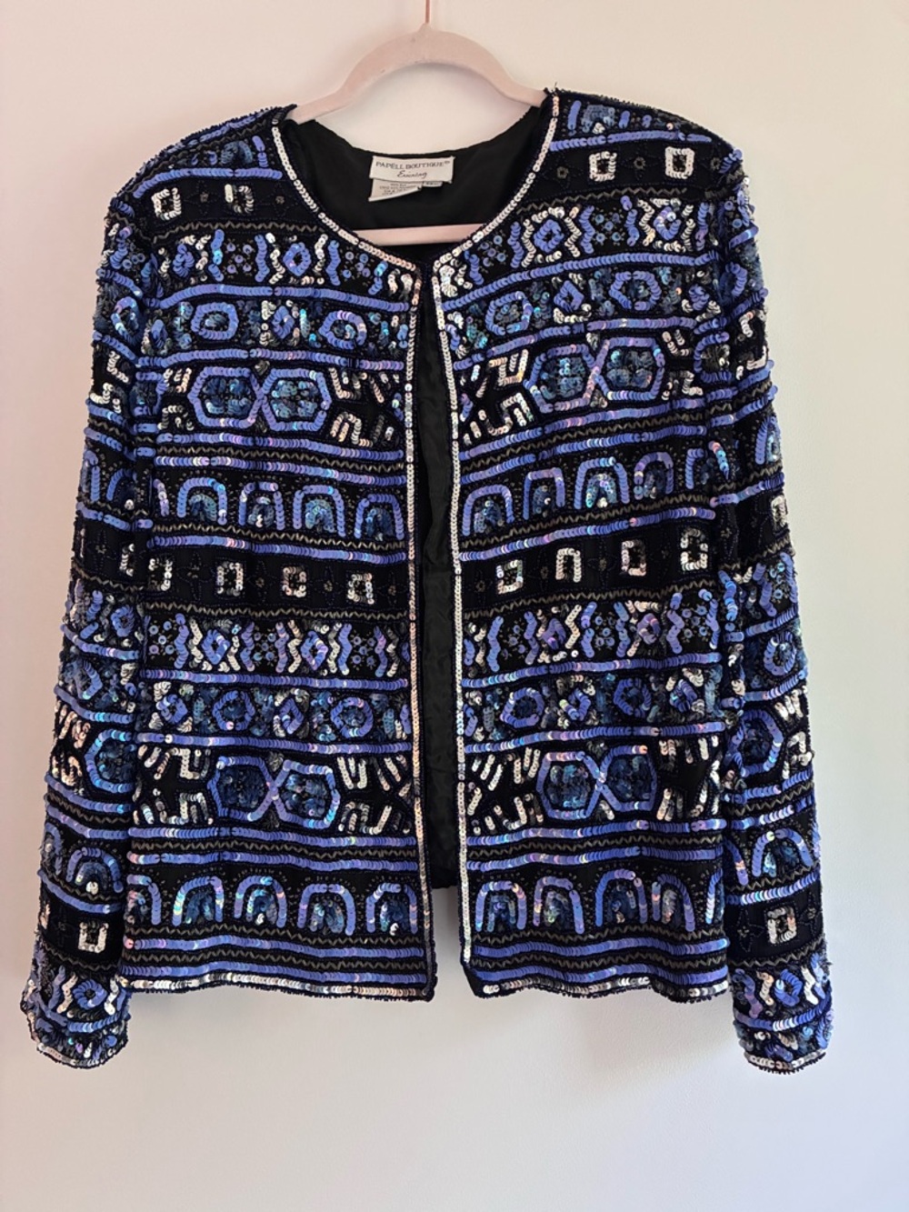 Papell Boutique Black and Blue Beaded Open-Front Jacket